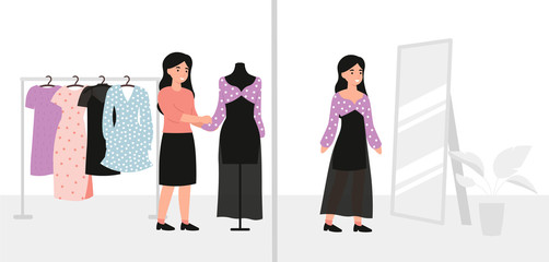 Young beautiful girl chooses and buying stylish a dress clothes at clothing store and looks in the mirror. Flat vector modern cartoon illustration. 