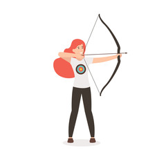Woman with bow and arrow. Archer girl pulls a bowstring and takes aim. Flat vector cartoon illustration isolated white background.
