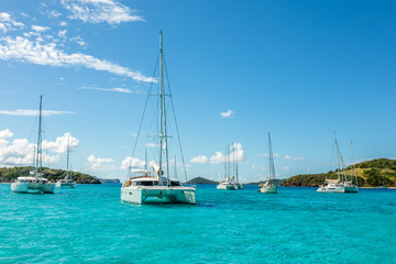 Turquoise colored sea with ancored yachts and catamarans, Tobago Cays tropical islands, Saint Vincent and the Grenadines, Caribbean sea - obrazy, fototapety, plakaty