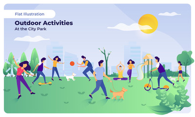 Outdoor activities at the city park on illustration set
