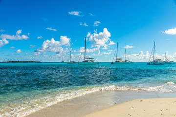 Turquoise colored sea with ancored yachts and catamarans, Tobago Cays tropical islands, Saint...