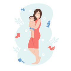 Female holds child in her arms. Flat vector cartoon characters illustration isolated white background.