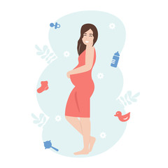 Happy pregnant woman. Girl expecting a baby holds on to big belly. Flat vector cartoon character illustration isolated white background.