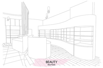 Beauty boutique interior outline sketch with modern design