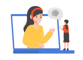 Fototapeta premium Emotional and psychological support. Occupational therapists and psychologists provide emotional and psychological support talking and listening woman online. Flat vector cartoon illustration concept