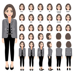 Obraz premium Cartoon character with business woman in suit for animation. Front, side, back, 3-4 view character. Separate parts of body. Flat vector illustration. 330