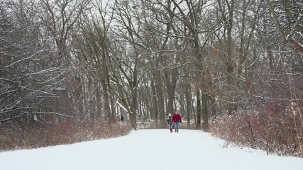 happy middle age married couple walking in snowy woods 