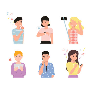 Set young people characters use modern gadgets. Flat vector cartoon illustration.