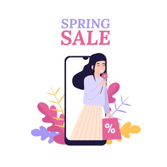 Stylish young girl rejoices in spring and sale. Online shop, mobile shopping app. Flat vector modern cartoon illustration. Concept for web design, banner, app, landing page.