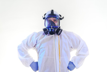 coronavirus epidemic and infectious diseases concept.male lab technician doing research in the lab with protective suit and gas mask.