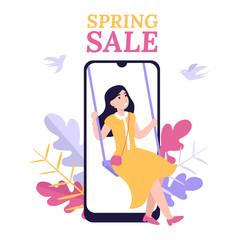 Beautiful girl in a dress on a swing rejoices in spring and sale. Online shop, mobile shopping app. Flat vector modern cartoon illustration. Concept for web design, banner, app, landing page.