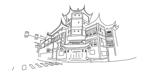 Chinese-style building, house on city street.