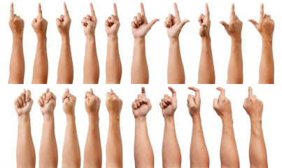 Group of Male Asian hand gestures isolated over the white background. Pointing Visual Touch Action.