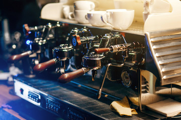 Coffee macine in coffee shop, close-up