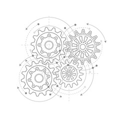 Technical drawing of gears .Rotating mechanism of round parts .Machine technology. Vector illustration.	