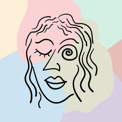 Abstract portrait of a woman with curls on a colored background. Modern vector illustration.