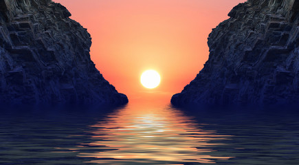 seascape sunset sea mountains sun water 3D illustration