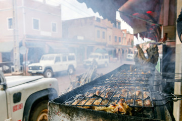 Meat skewers sold on streets  of Morocco