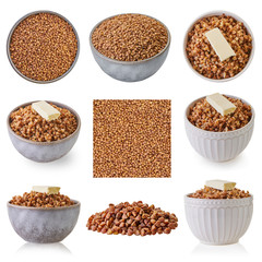 set raw and boiled buckwheat, white isolated background
