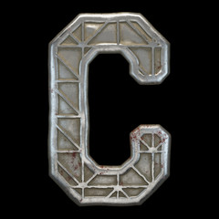 Industrial metal alphabet letter C on black background 3d
