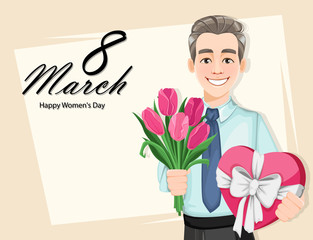 Man with a bouquet of tulips and a gift box