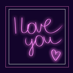 I love you bright pink neon sign with little heart on dark purple background