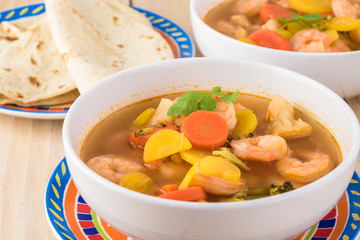 Mexican shrimp vegetables spicy soup.