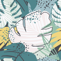Seamless pattern with exotic rainforest leaves. Contemporary collage design.