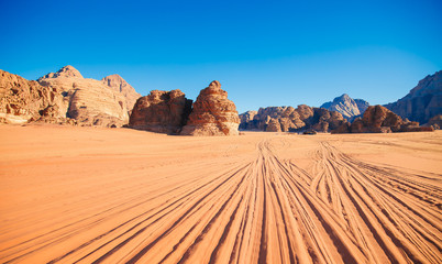 Sand mountain The Seven Pillars of Wisdom against the blue sky, Jordan, Wadi Rum desert.