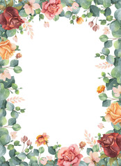 Watercolor vector hand painted frame with green eucalyptus leaves and flowers. 