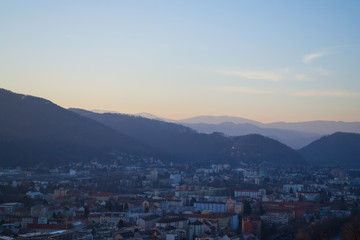 Panorama from a height. Sunset in the city of Graz, Austria.