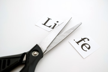 on a white background, the word life is cut with scissors