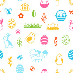 Happy Easter seamless pattern with holiday items.
