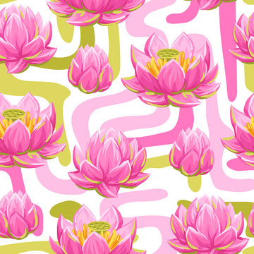 Seamless pattern with lotus flowers. Water lily decorative illustration.