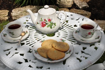 Tea for two at white rose table outdoors