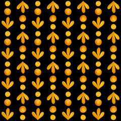 Gold striped pattern of dots and trefoils on a black background. Seamless texture for wallpaper, wrapping paper, fabric, textile design