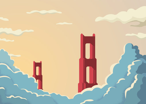 Golden Gate bridge in San Francisco in USA postcard vector template. Bridge in sunset with clouds or fog below.