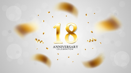 18th anniversary celebration with gold color and white background bokeh effects and sparkling confetti. modern elegant design can be used for a wedding or company. editable vector EPS 10