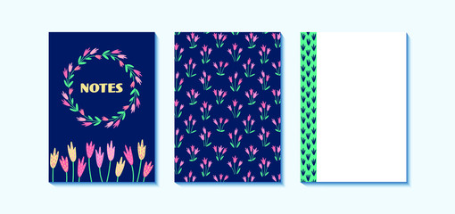 Design template for notebook cover and page, size a4, hand drawn flowers