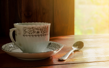 luxury coffee cup set with interior design with beautiful vintage dark old wooden wall and floor texture
