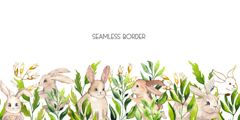 Watercolor Easter seamless border with Easter bunnies, eggs, basket, balloon, car, flags, delicate pink Apple blossoms, branches, leaves and twigs