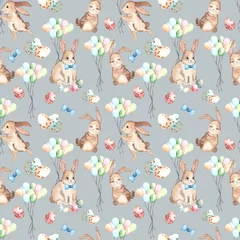 Papier Peint photo Lapin Motif harmonieux de Pâques à l& 39 aquarelle avec des lapins de Pâques, des œufs, un panier, un ballon, une voiture, des drapeaux, de délicates fleurs de pommier roses, des branches, des feuilles et des brindilles