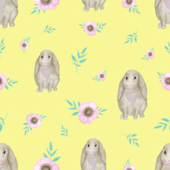 watercolor spring illustration. Easter bunny. Delicate design with flowers and cute animals.