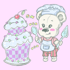 Illustration with cute teddy bear confectioner with cake. Can be used for baby t-shirt print, fashion print design, kids wear, baby shower celebration greeting and invitation card.