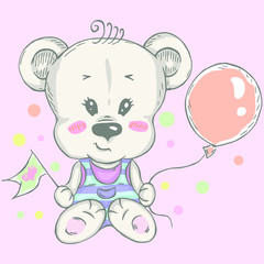 Illustration with cute teddy bear with balloon and little flag. Can be used for baby t-shirt print, fashion print design, kids wear, baby shower celebration greeting and invitation card.