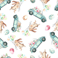 Watercolor Easter seamless pattern with Easter bunnies, eggs, basket, balloon, car, flags, delicate pink Apple blossoms, branches, leaves and twigs