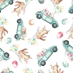 Wallpaper murals Rabbit Watercolor Easter seamless pattern with Easter bunnies, eggs, basket, balloon, car, flags, delicate pink Apple blossoms, branches, leaves and twigs