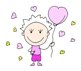 Valentine's Day. Cute hand drawn Boy with big heart isolated on a hearts background. Vector illustration.	