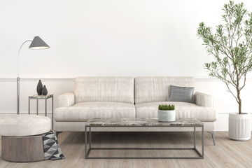 Interior design setup of modern and elegant living-room consisting of leather couch and puff, coffe table, lamp a plant on a pot and some decoration props, 3d render.