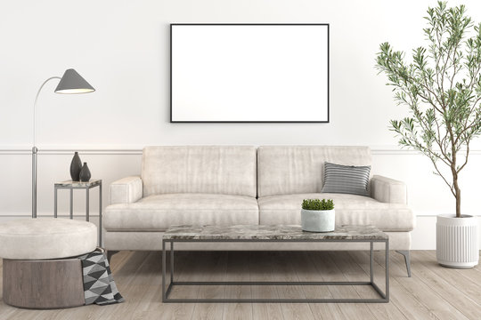 Interior design setup of modern and elegant living-room consisting of leather couch and puff, coffe table, lamp a plant on a pot, decoration props and a frame with blanck canvas for mock up 3d render.